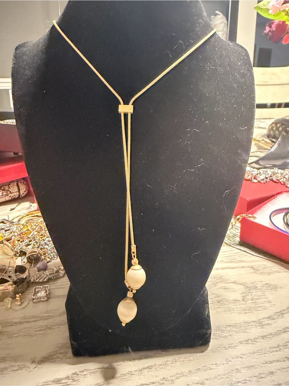 Gold Lariat Necklace with Gold Bead Drops